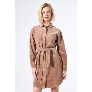 NWT GARCIA TEDDY Tan Corduroy Belted Button Dress